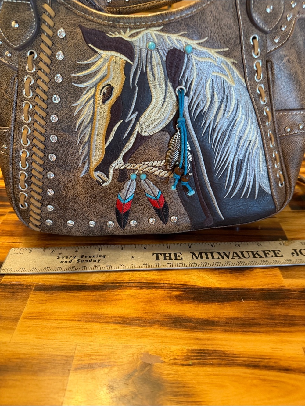 Brown Embroidered Horse Shoulder Bag with Wristlet - Picture 3 of 10